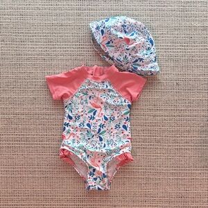 Floatimini Baby Girl Swimsuit & Hat Set 18M Flamingo Print Rash Guard